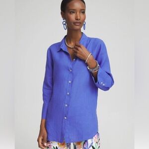 Chicos Design 100% Linen Blue Button Down Shirt Women’s XL 16 Pockets, Lagenlook